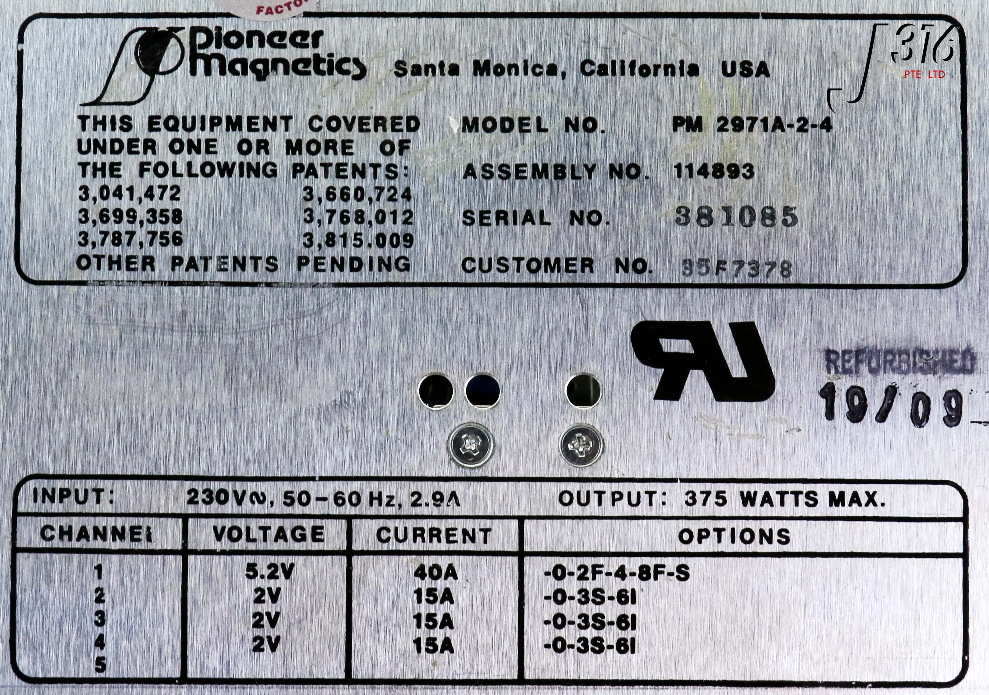 23469 PIONEER MAGNETICS PS, I/P 230V, O/P 5.2V, 40A, 2V 15A
